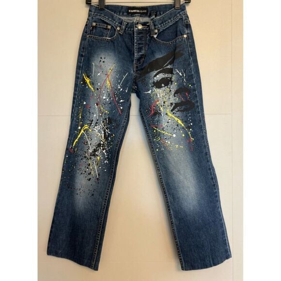 Express Women Painted Splatter Straight Leg Jeans Size 1/2 - Picture 1 of 10